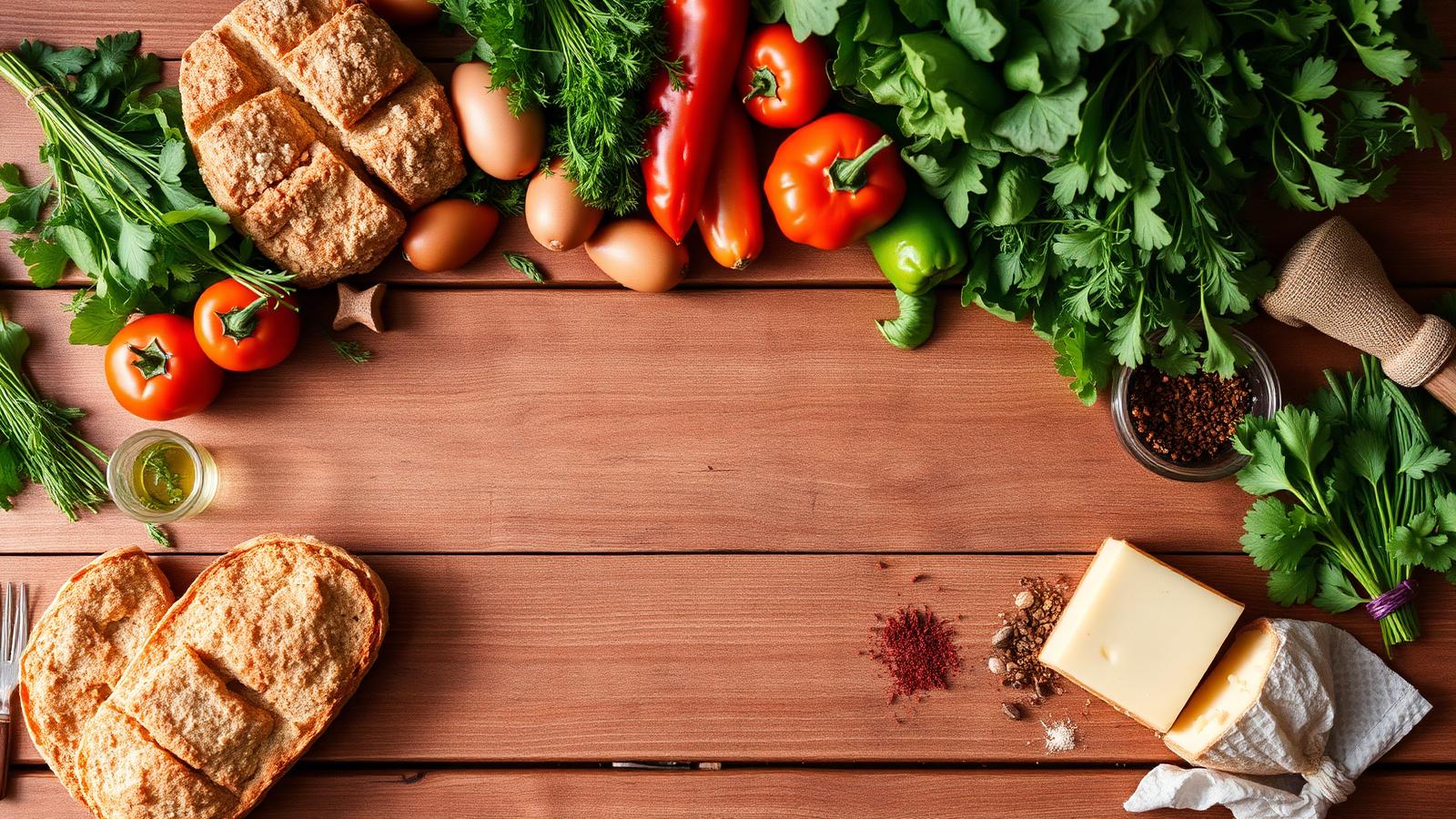Fresh vegetables, herbs, bread and cheese arranged on a rustic wooden table