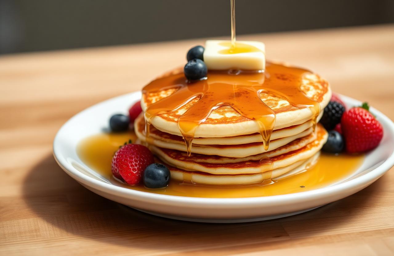 Fluffy Buttermilk Pancakes with Maple Syrup and Berries